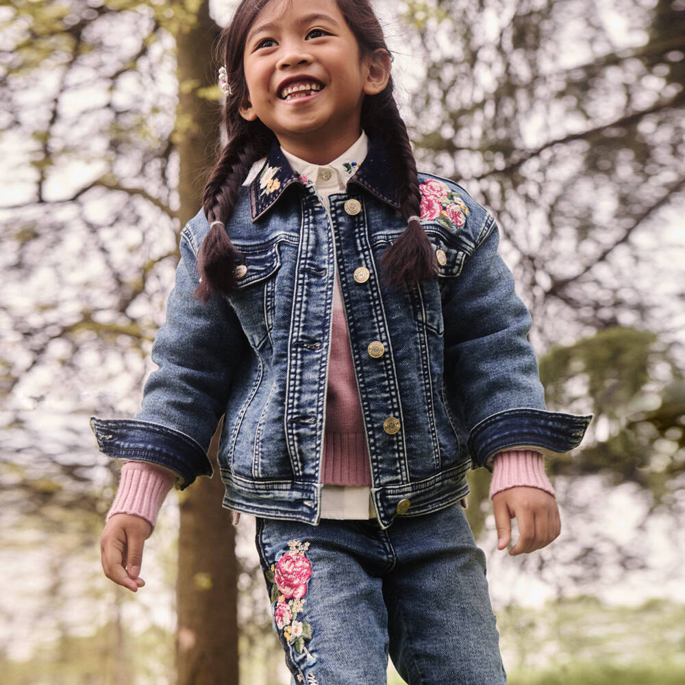 Monnalisa-Girls Denim Floral Skinny Trousers | Childrensalon Outlet