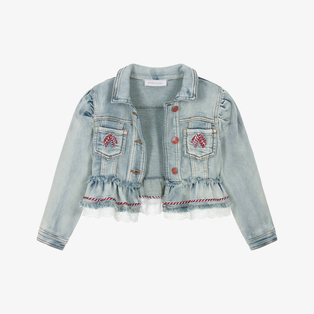 Monnalisa-Girls Denim Jacket with Lace & Bows | Childrensalon Outlet