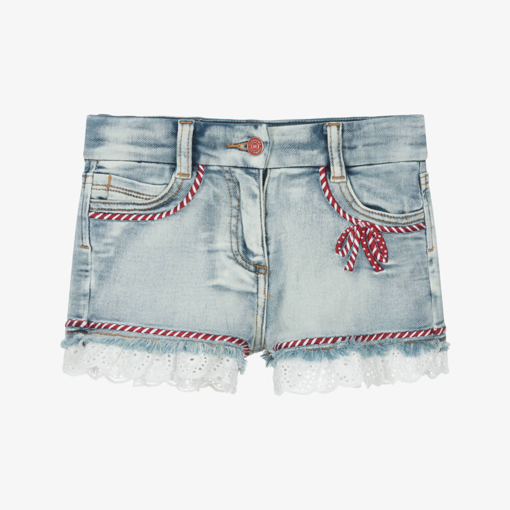 Monnalisa-Girls Denim Shorts with Bows & Lace | Childrensalon Outlet