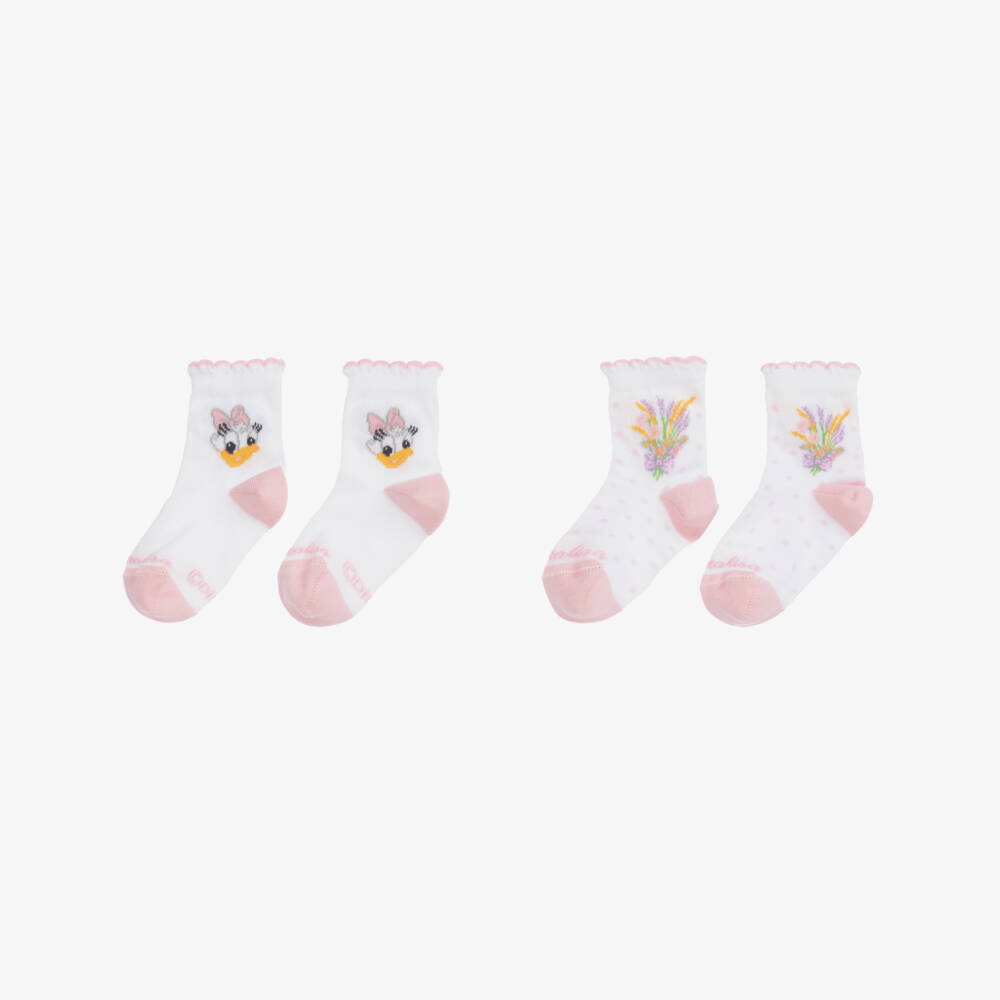 Monnalisa-جوارب "ديزني" مزيج قطن لون أبيض وزهري (عدد 2) | Childrensalon Outlet