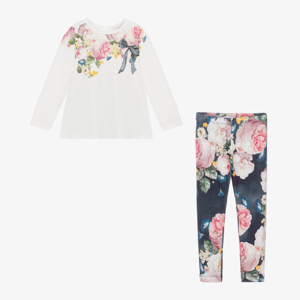 Monnalisa-Girls Elegant Ivory & Blue Ensemble | Childrensalon Outlet