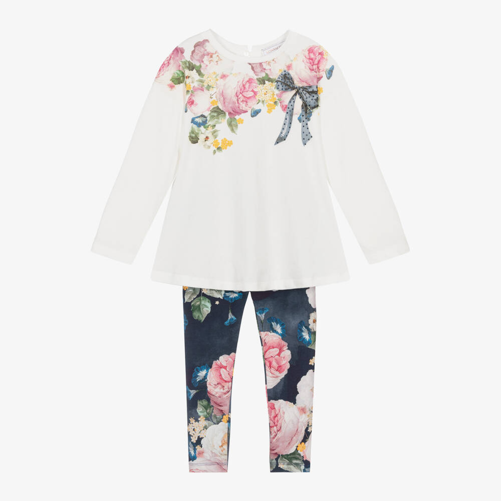 Monnalisa-Girls Elegant Ivory & Blue Ensemble | Childrensalon Outlet