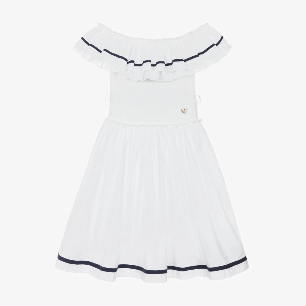 Monnalisa-Girls Elegant Off-Shoulder White Dress | Childrensalon Outlet