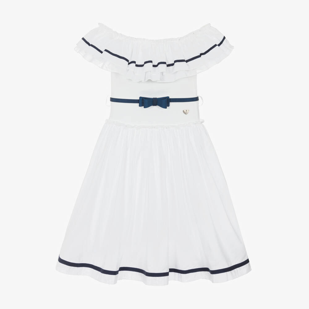 Monnalisa-فستان أبيض أنيق بدون أكتاف للبنات | Childrensalon Outlet