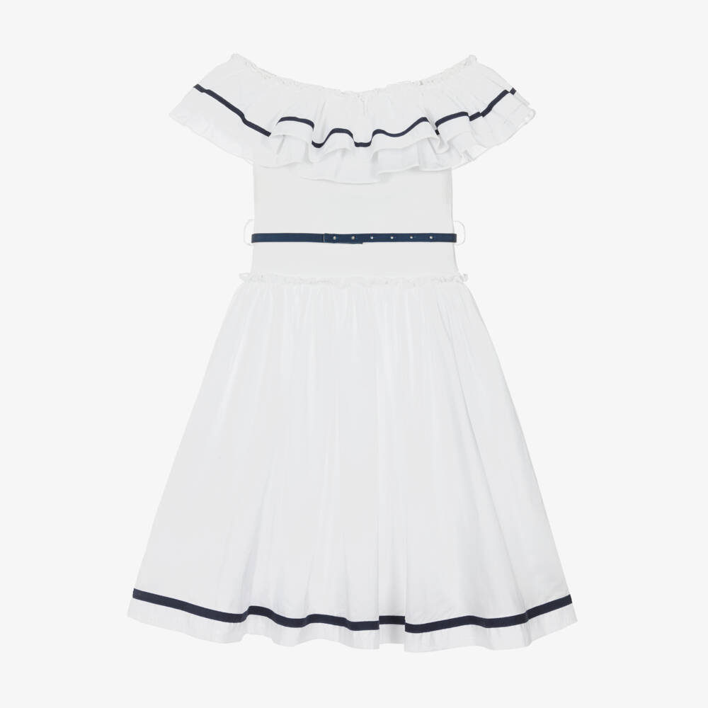 Monnalisa-Girls Elegant Off-Shoulder White Dress | Childrensalon Outlet