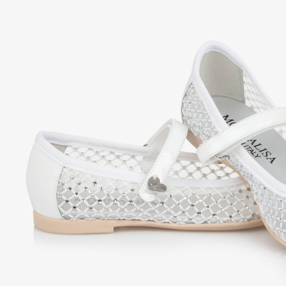 Monnalisa-Girls Elegant White Mesh Sparkle Flats | Childrensalon Outlet