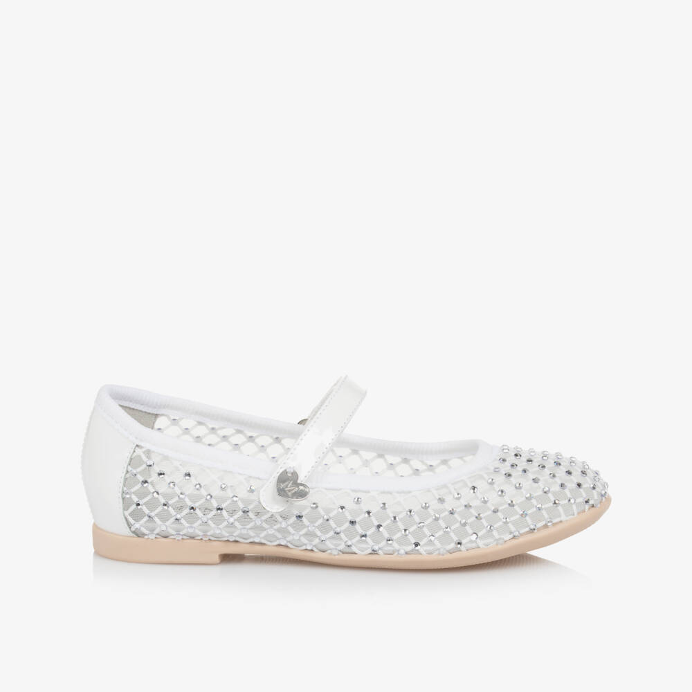 Monnalisa-Girls Elegant White Mesh Sparkle Flats | Childrensalon Outlet