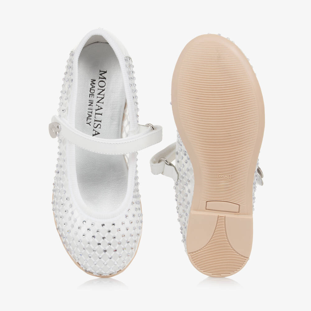 Monnalisa-Girls Elegant White Mesh Sparkle Flats | Childrensalon Outlet