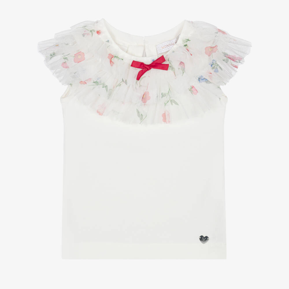 Monnalisa-Girls Elegant White Tulle-Adorned Top | Childrensalon Outlet