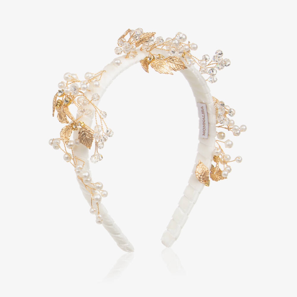 Monnalisa-Girls Elegant White Velvet Leaf Headband | Childrensalon Outlet