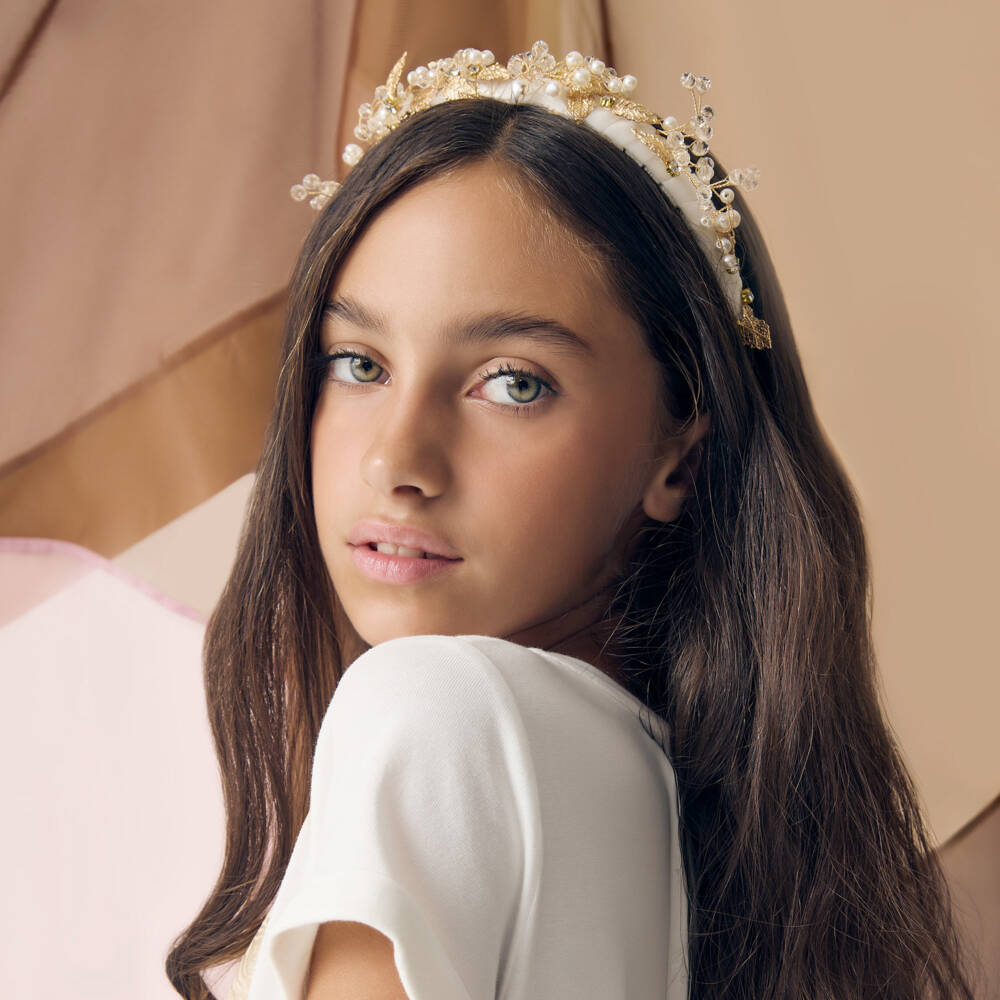 Monnalisa-Girls Elegant White Velvet Leaf Headband | Childrensalon Outlet