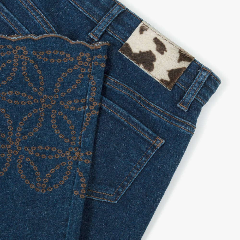 Monnalisa-بنطلون جينز واسع الساق مطرز باللون الأزرق للبنات | Childrensalon Outlet