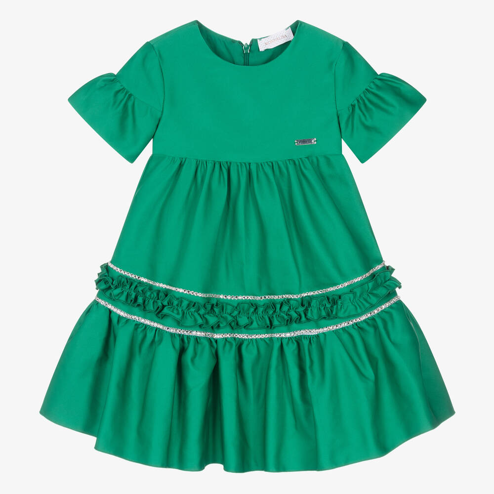 Monnalisa Chic - Girls Emerald Green Diamanté Taffeta Dress  | Childrensalon