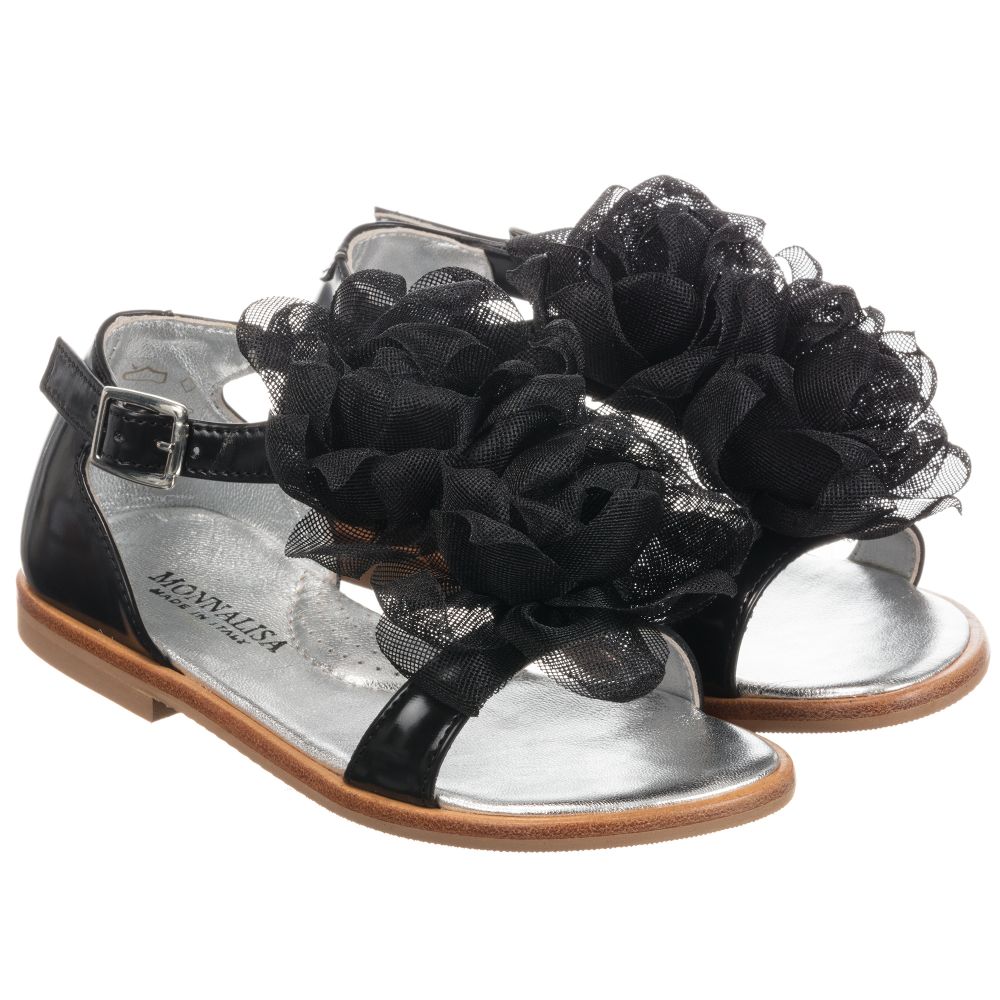 Monnalisa - Girls Floral Black Sandals | Childrensalon