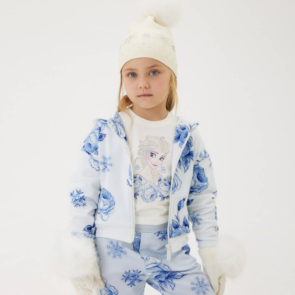 Monnalisa-Голубая хлопковая худи на молнии в цветочек для девочек | Childrensalon Outlet