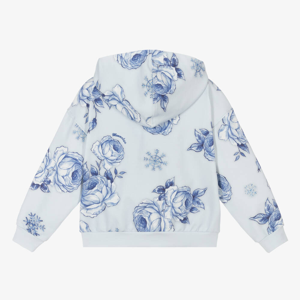 Monnalisa-Голубая хлопковая худи на молнии в цветочек для девочек | Childrensalon Outlet