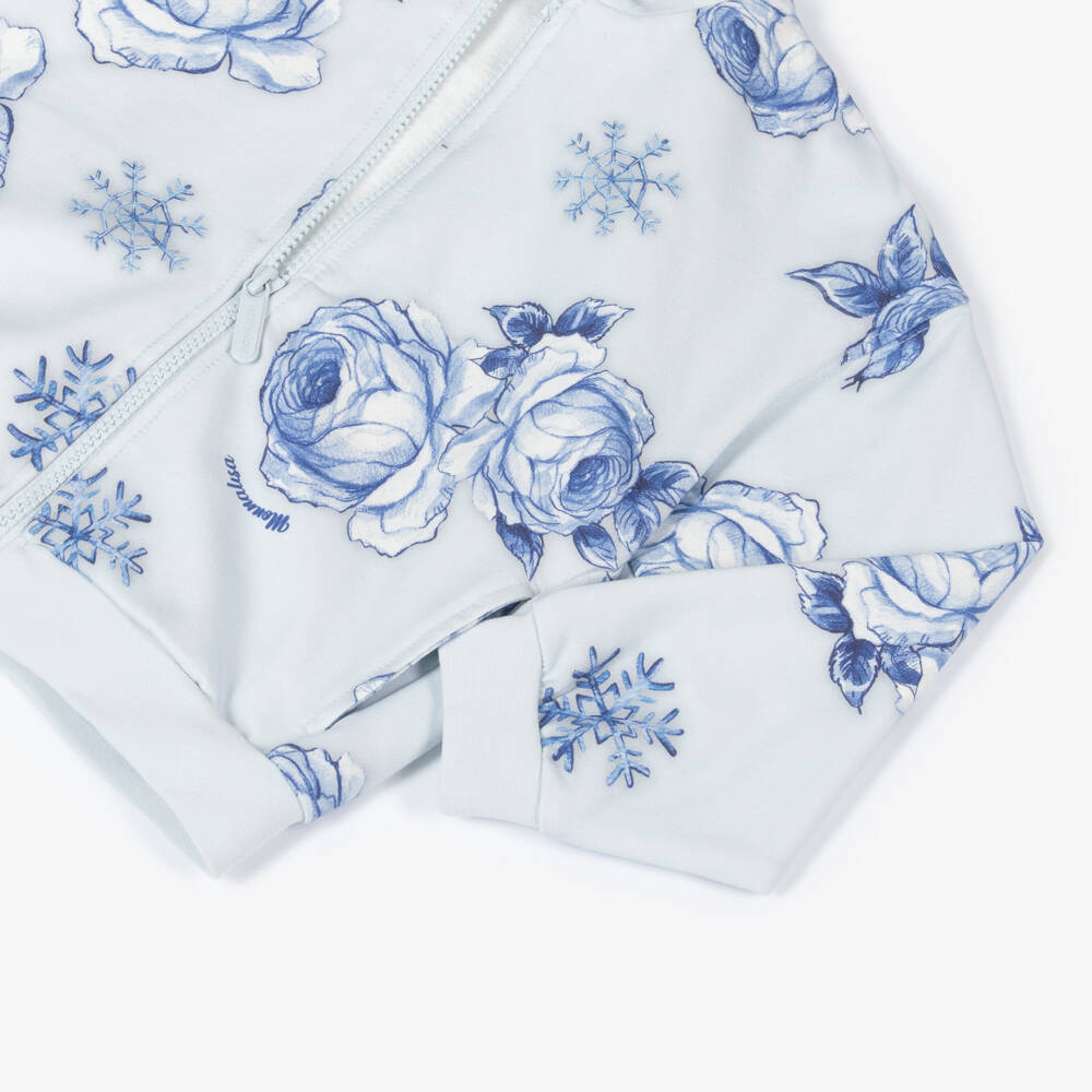 Monnalisa-Голубая хлопковая худи на молнии в цветочек для девочек | Childrensalon Outlet