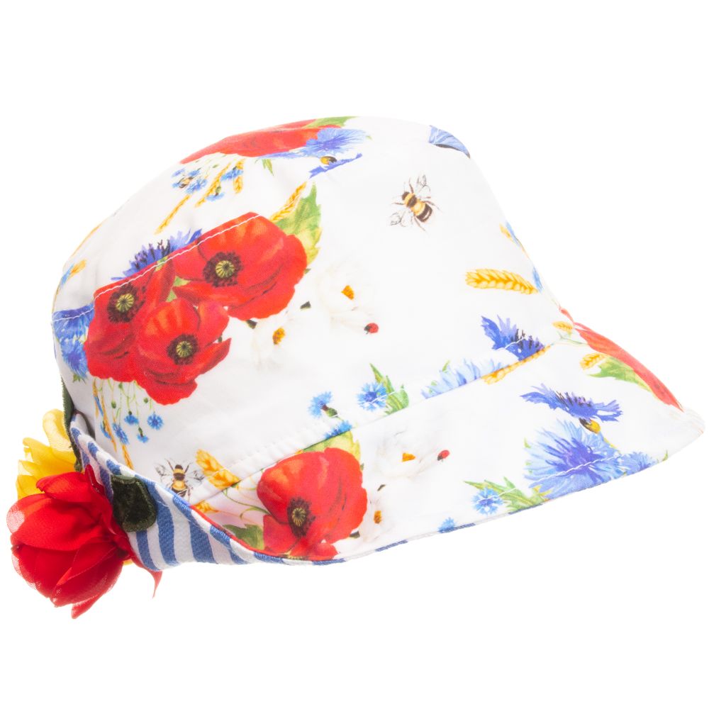Monnalisa Bebé - قبعة للشمس قطن لون أبيض بطبعة ورود | Childrensalon