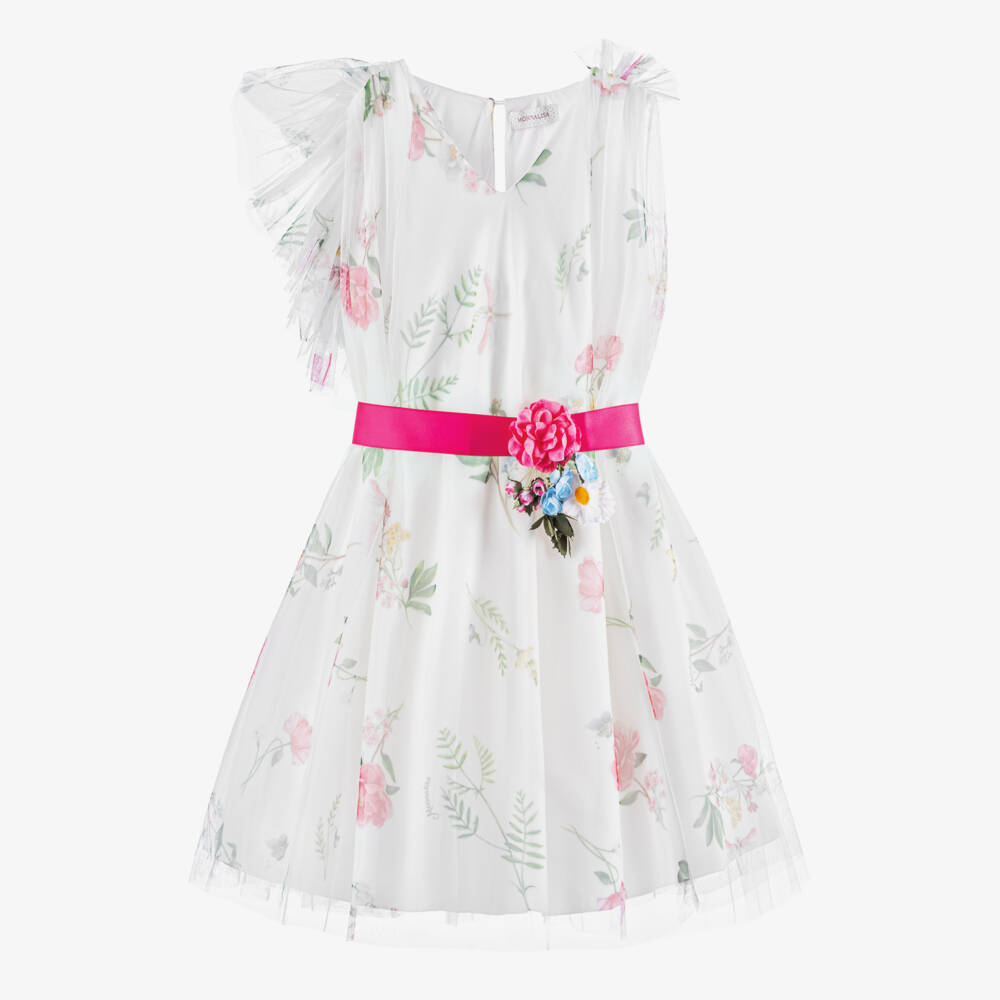 Monnalisa-Кремовое платье из тюля с цветочным узором для девочек | Childrensalon Outlet