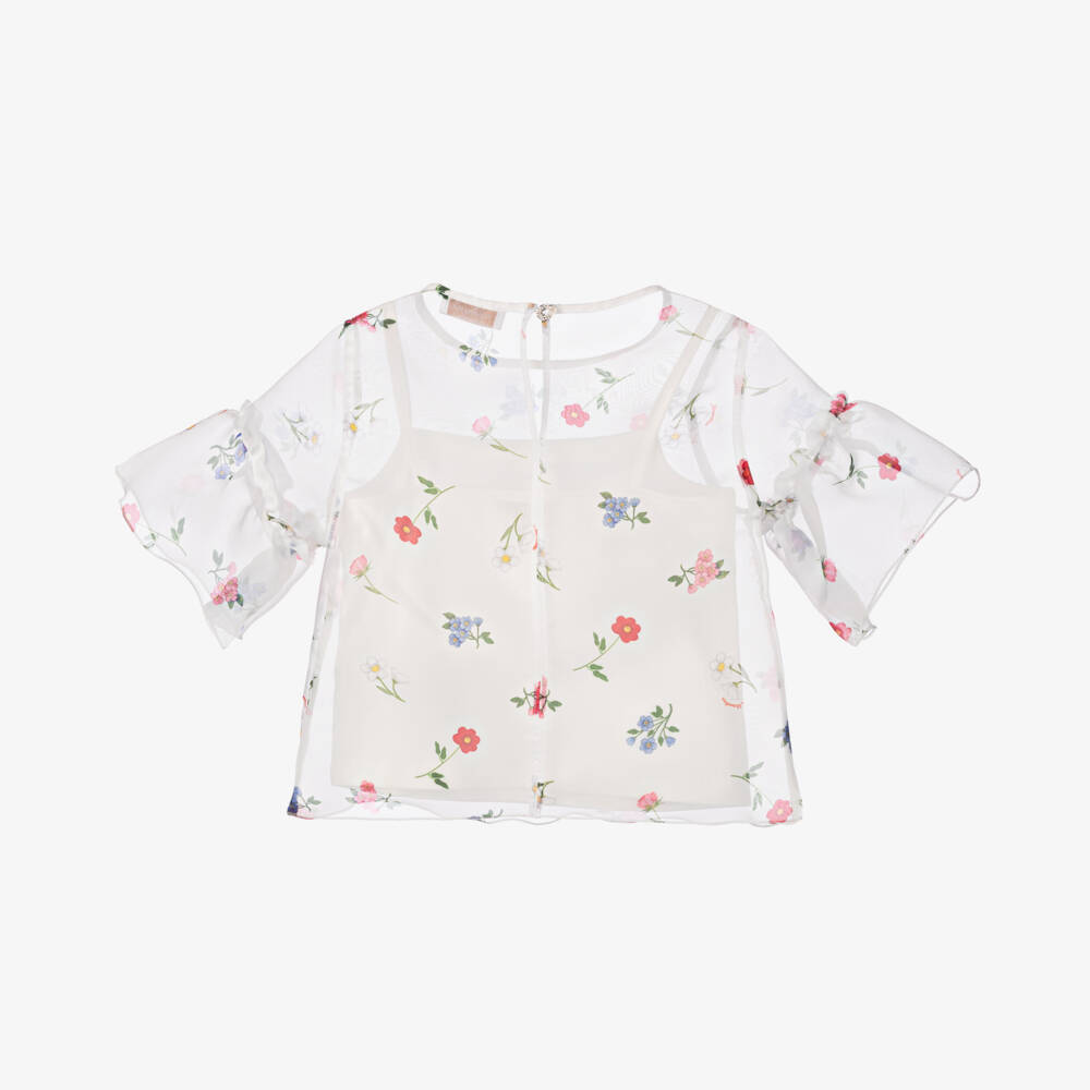 Monnalisa-بلوزة شفافة من الأورجانزا المزينة بالزهور للبنات | Childrensalon Outlet