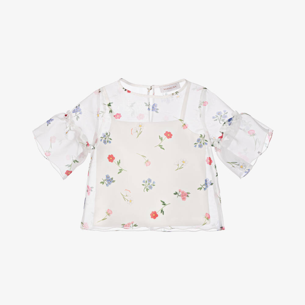 Monnalisa-Прозрачный топ из органзы с цветочным узором для девочек | Childrensalon Outlet