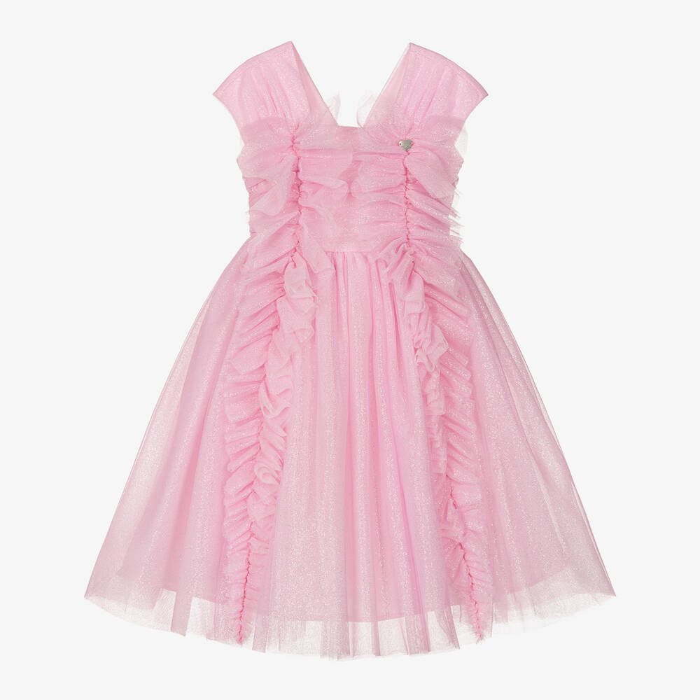 Monnalisa Chic-فستان تول غليتر لون زهري فاتح مزين بكشكش | Childrensalon Outlet