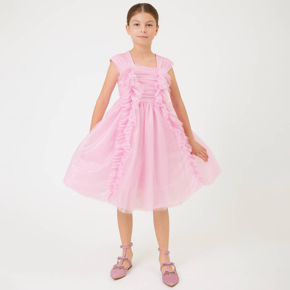 Monnalisa Chic-Girls Glittery Pink Tulle Ruffle Dress | Childrensalon Outlet