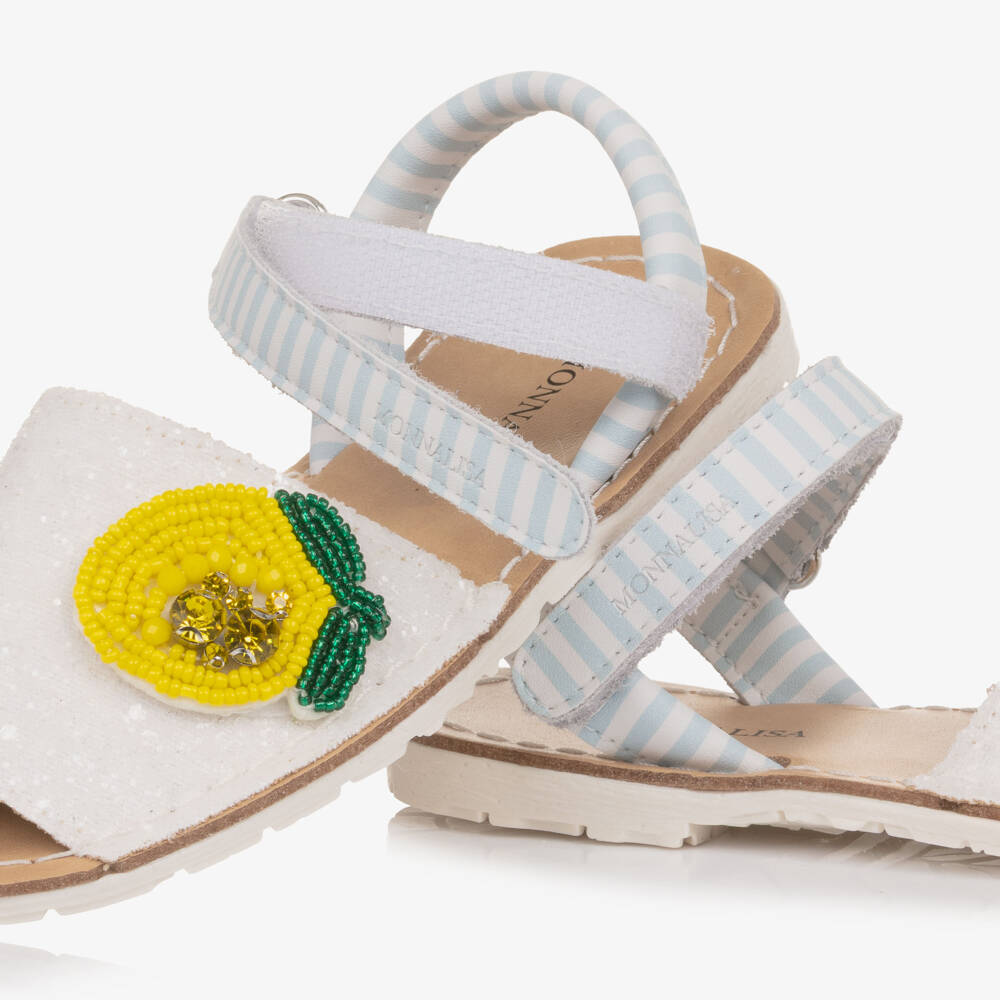 Monnalisa-Girls Glittery White Leather Sandals with Lemon Detail | Childrensalon Outlet