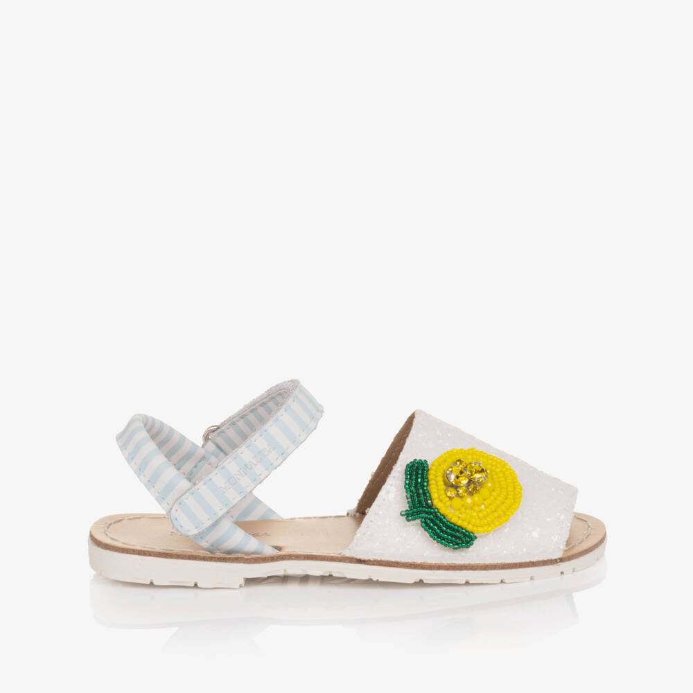 Monnalisa-Girls Glittery White Leather Sandals with Lemon Detail | Childrensalon Outlet