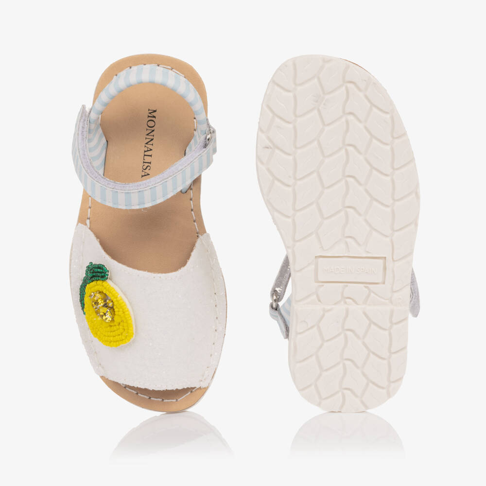 Monnalisa-Girls Glittery White Leather Sandals with Lemon Detail | Childrensalon Outlet