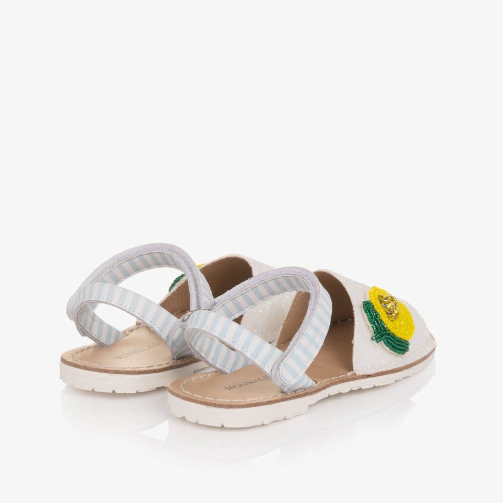 Monnalisa-Girls Glittery White Leather Sandals with Lemon Detail | Childrensalon Outlet
