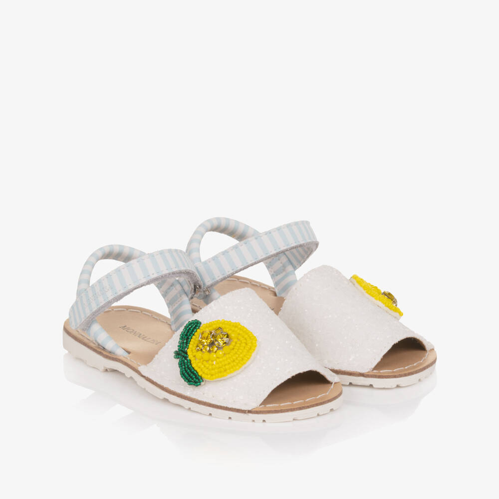 Monnalisa-Girls Glittery White Leather Sandals with Lemon Detail | Childrensalon Outlet