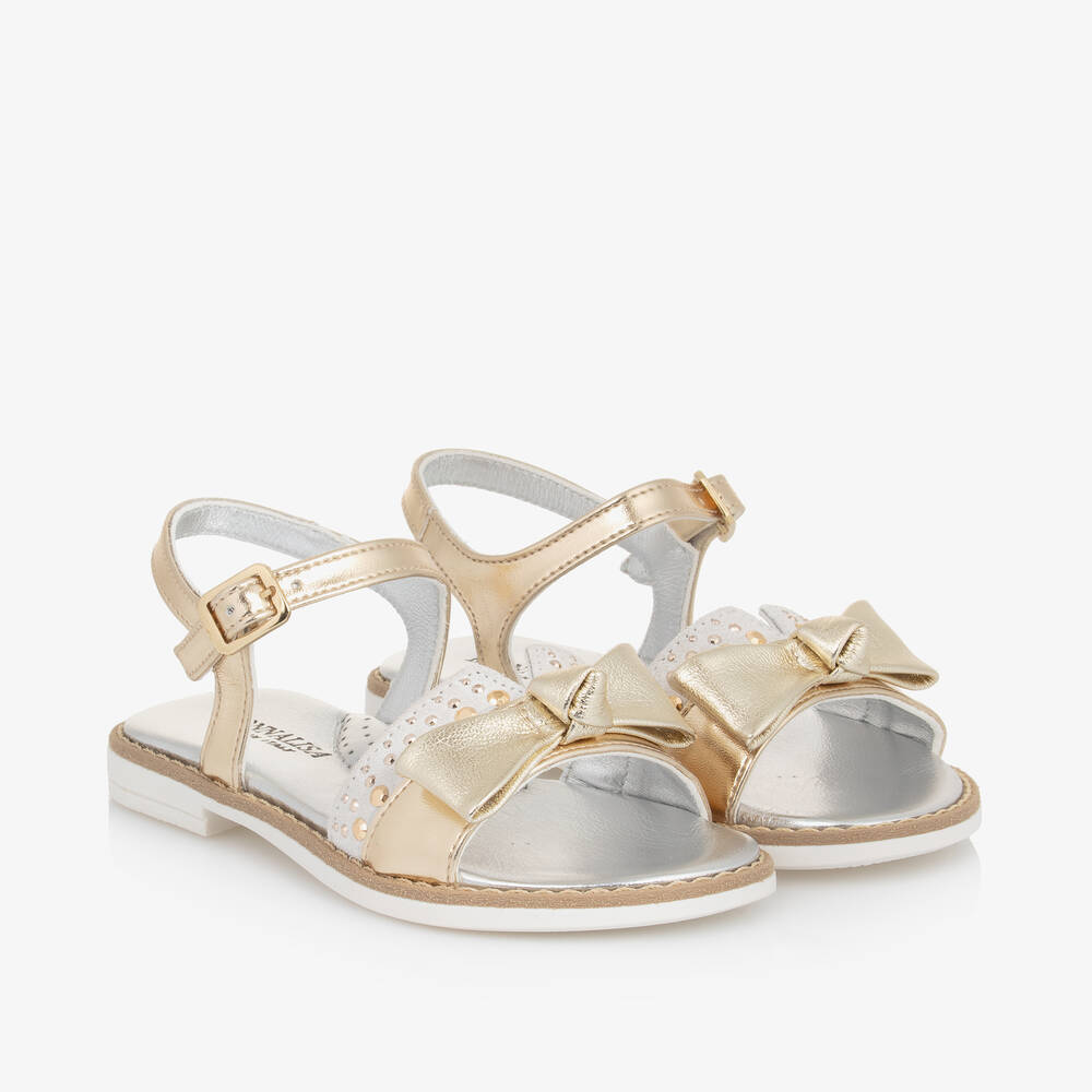 Monnalisa-Girls Gold Bow Leather Sandals | Childrensalon Outlet