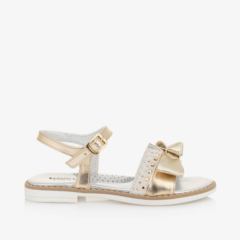 Monnalisa-Girls Gold Bow Leather Sandals | Childrensalon Outlet