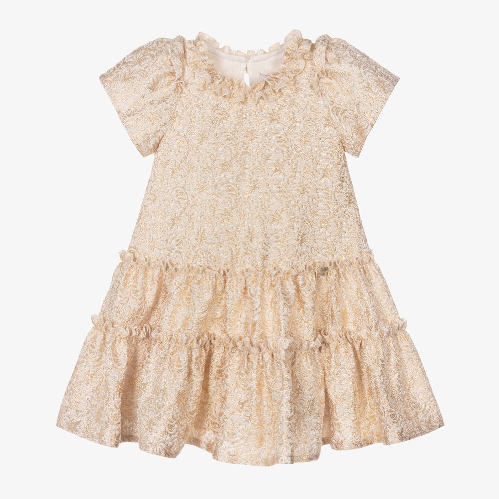 Monnalisa-Girls Gold Floral Lurex Brocade Dress | Childrensalon Outlet