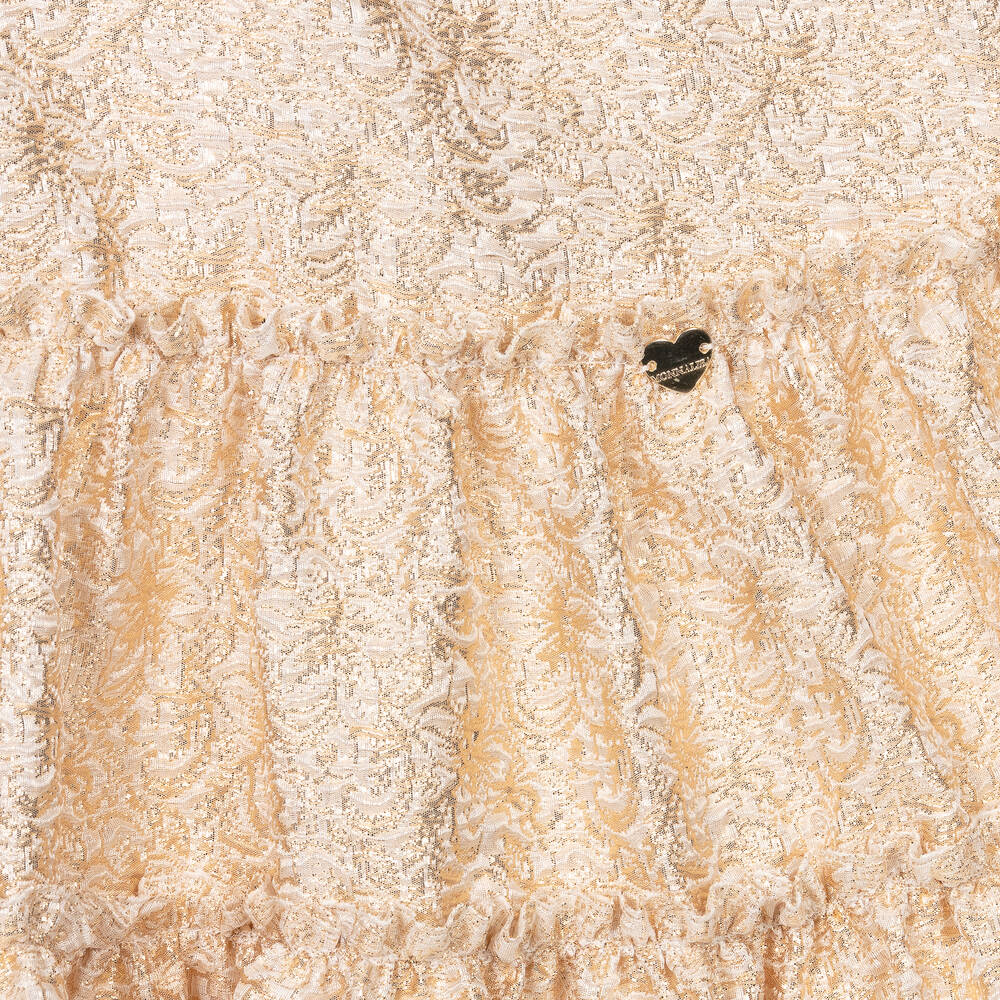 Monnalisa-فستان بروكاد لوريكس لون ذهبي بطبعة ورود | Childrensalon Outlet