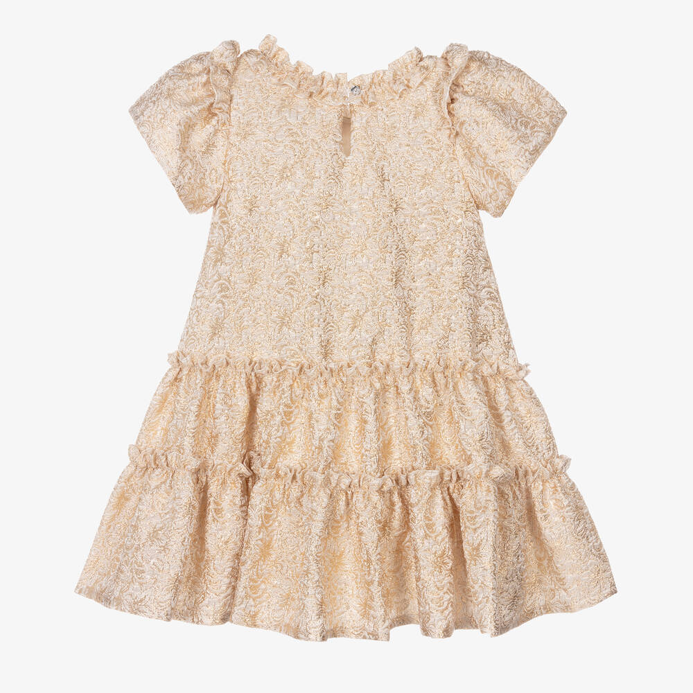 Monnalisa-فستان بروكاد لوريكس لون ذهبي بطبعة ورود | Childrensalon Outlet