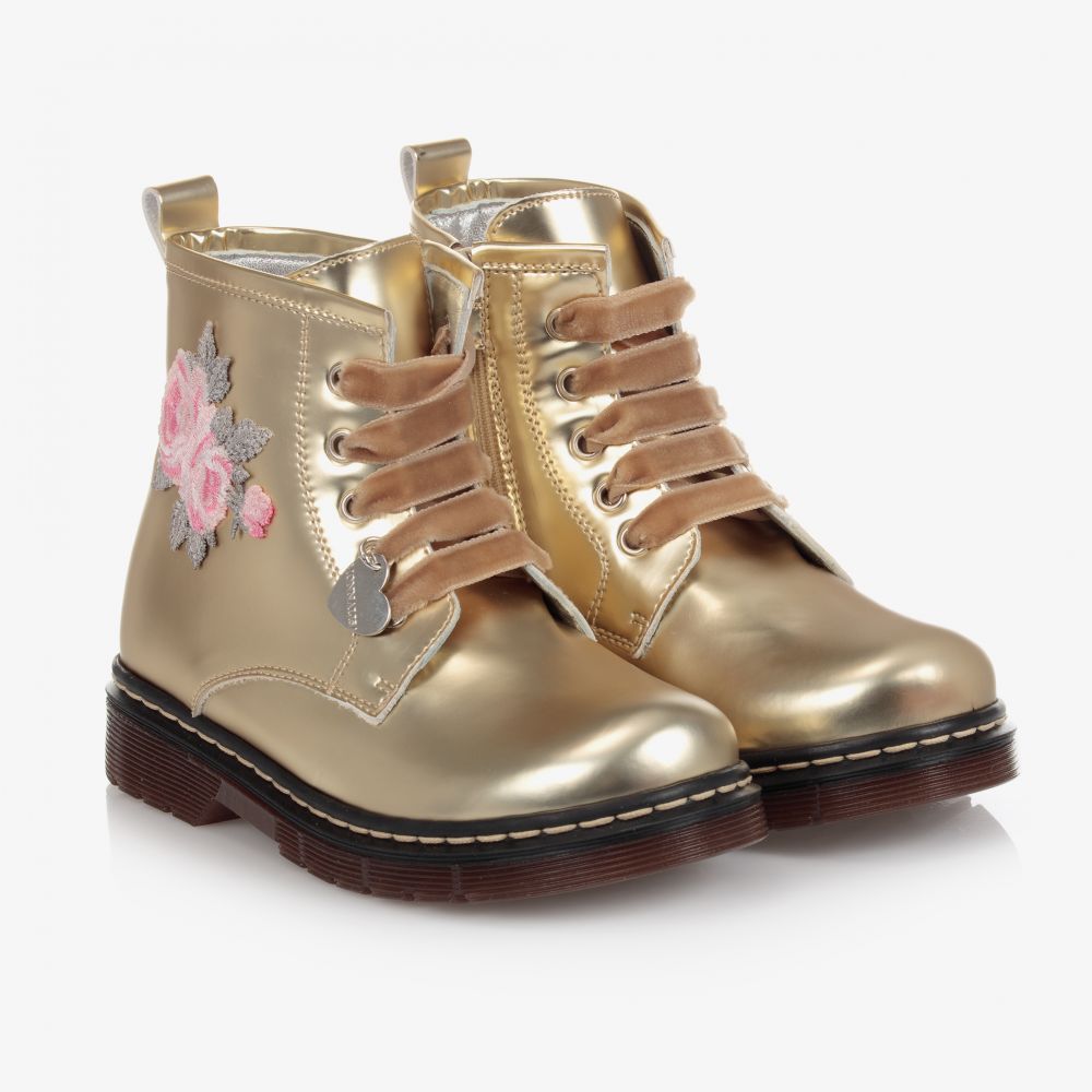 Monnalisa - Золотистые ботинки с цветами для девочек | Childrensalon