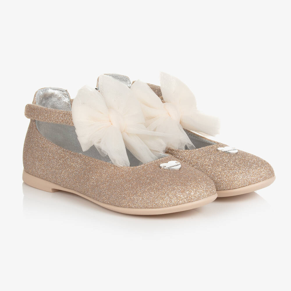 Monnalisa - Girls Gold Glitter Ballerina Shoes | Childrensalon