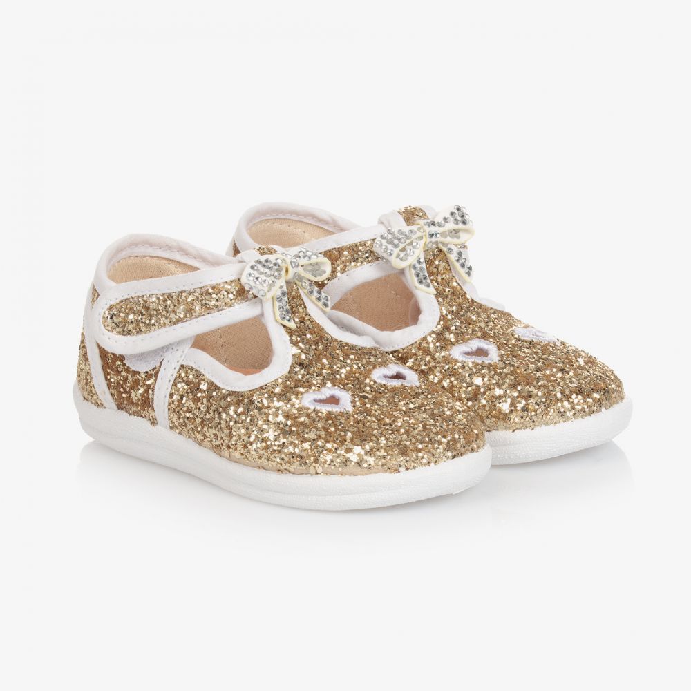 Monnalisa - Girls Gold Glitter Bow Shoes | Childrensalon