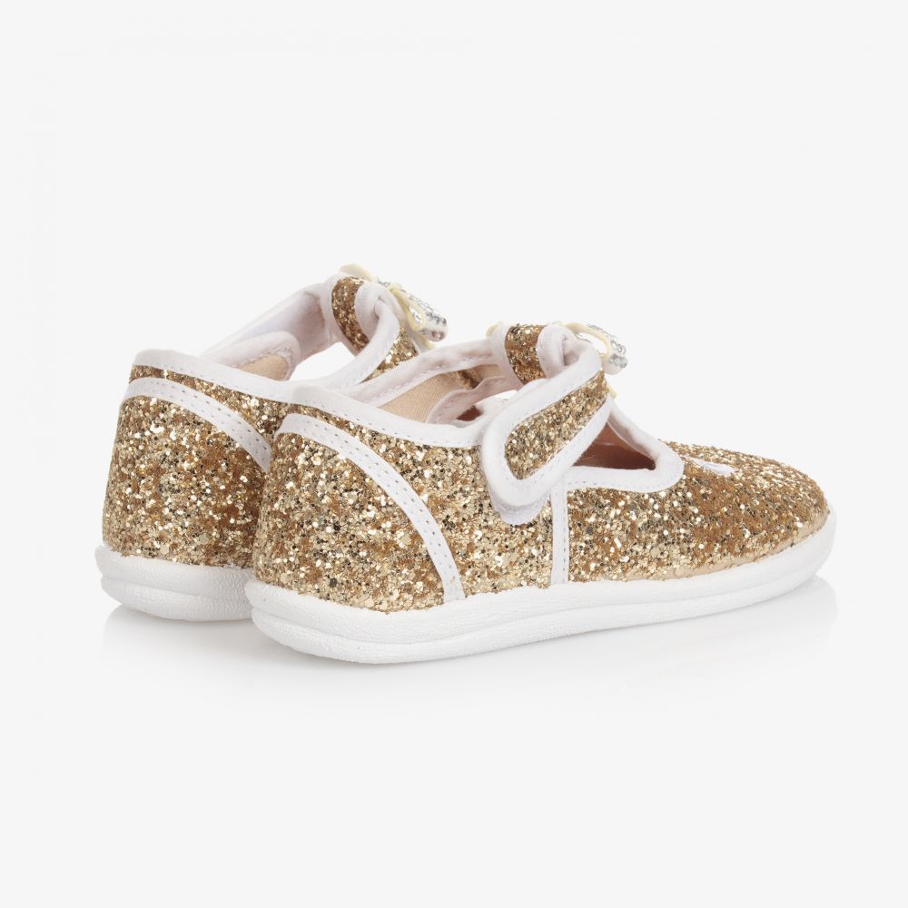 Monnalisa-Золотистые туфли с блестками и бантиками для девочек | Childrensalon Outlet