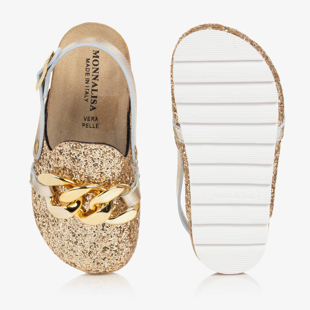 Monnalisa-Золотистые блестящие мюли с цепочками | Childrensalon Outlet