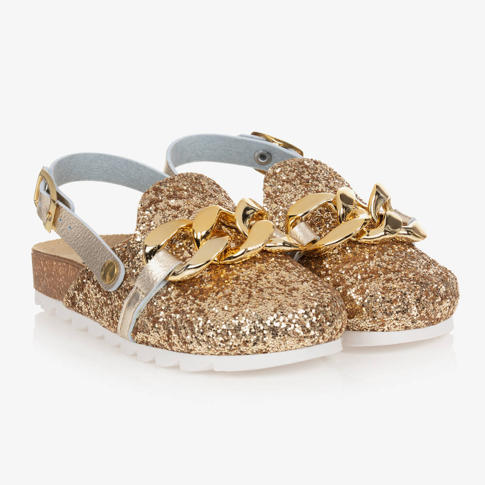 Monnalisa - Goldene Glitzer-Mules mit Zierkette | Childrensalon