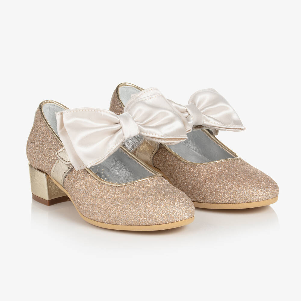 Monnalisa - Girls Gold Glitter Heeled Ballerina Shoes | Childrensalon