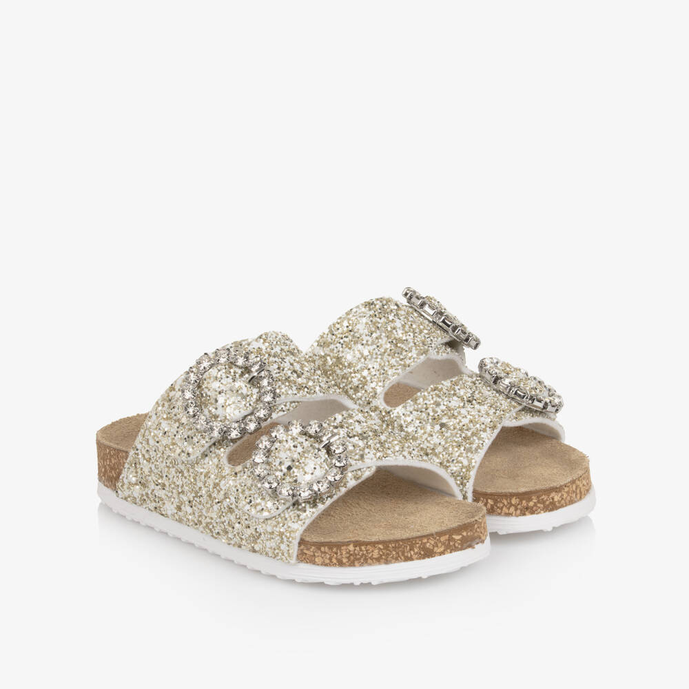 Monnalisa-Girls Gold Glitter Sandals with Diamanté Buckles | Childrensalon Outlet