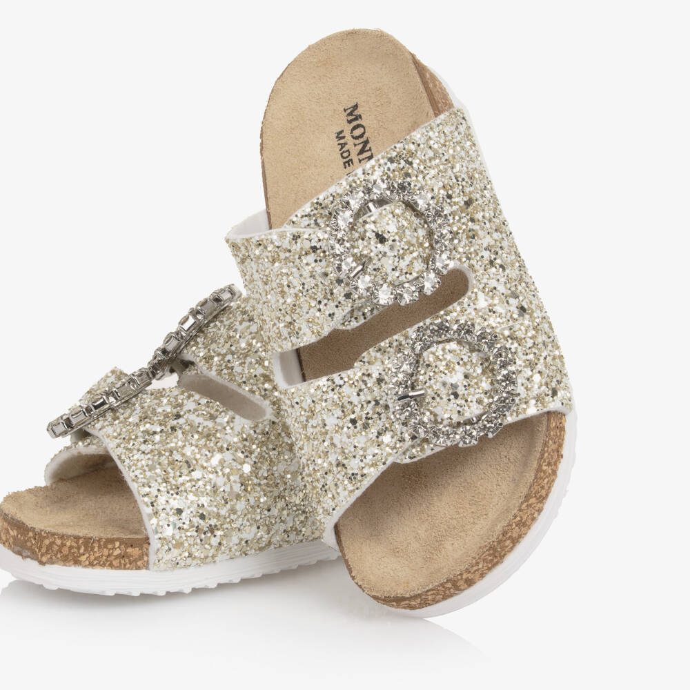 Monnalisa-Girls Gold Glitter Sandals with Diamanté Buckles | Childrensalon Outlet