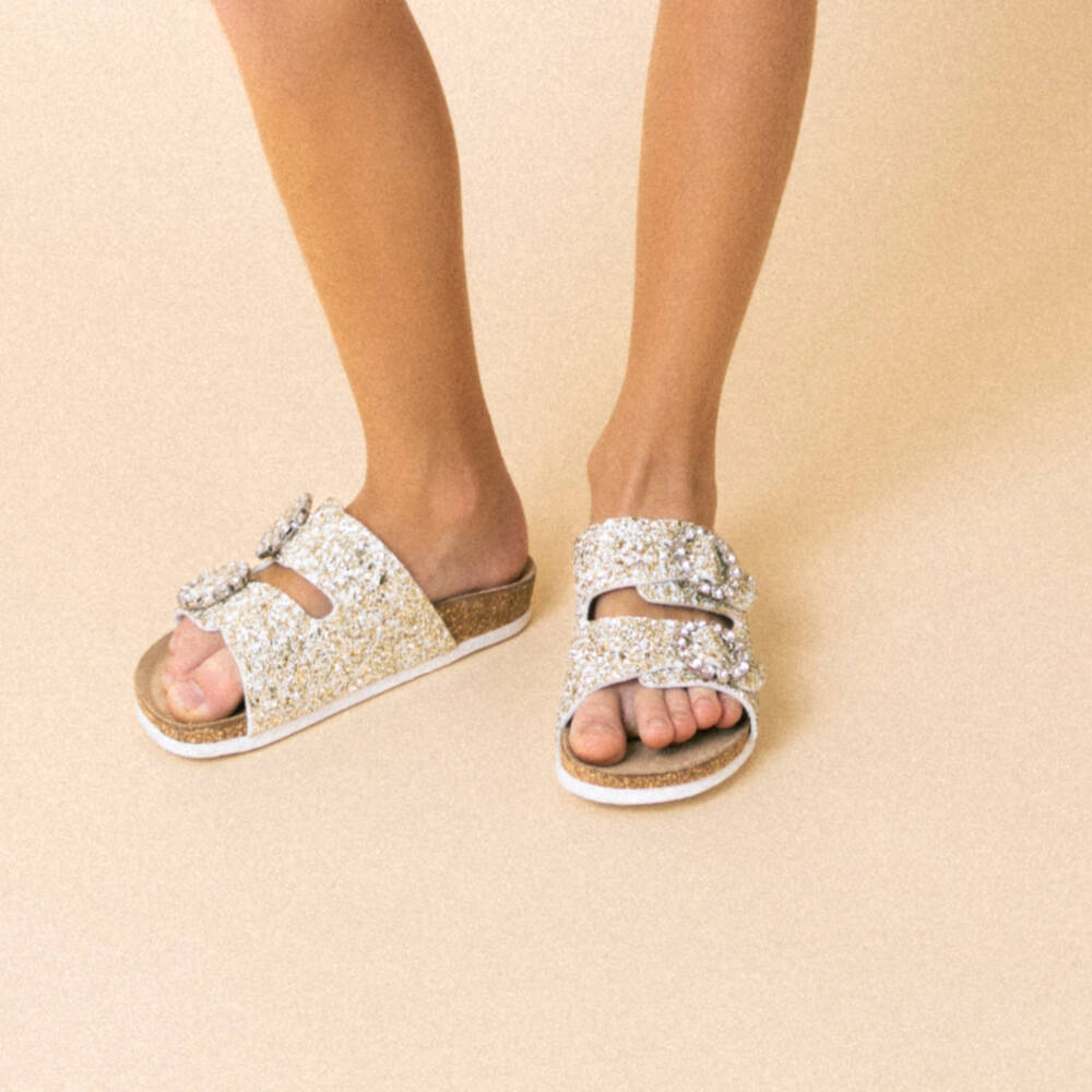 Monnalisa-Girls Gold Glitter Sandals with Diamanté Buckles | Childrensalon Outlet