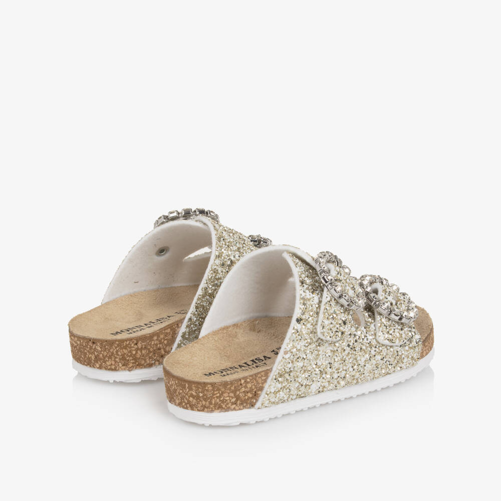Monnalisa-Girls Gold Glitter Sandals with Diamanté Buckles | Childrensalon Outlet