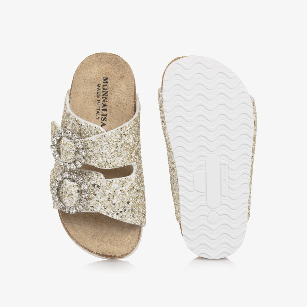 Monnalisa-Girls Gold Glitter Sandals with Diamanté Buckles | Childrensalon Outlet