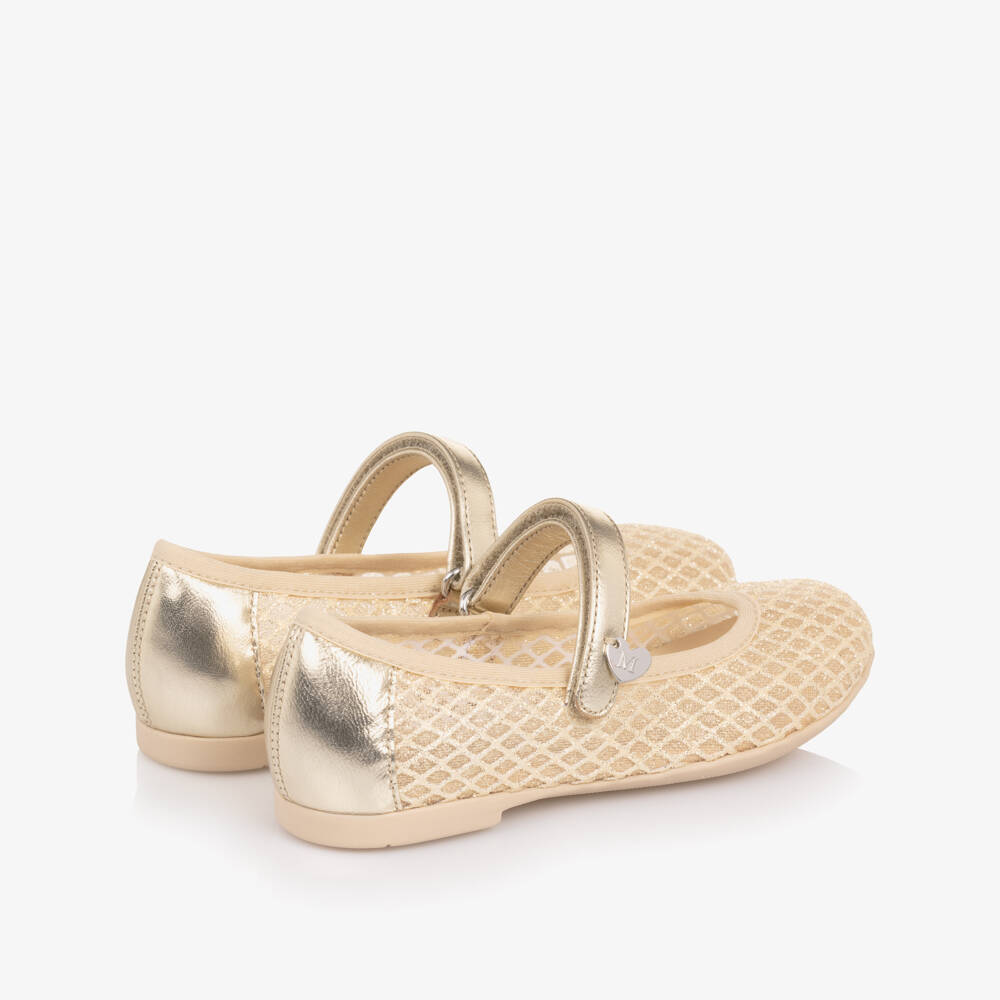Monnalisa-Girls Gold Mesh & Leather Ballerina Pumps | Childrensalon Outlet